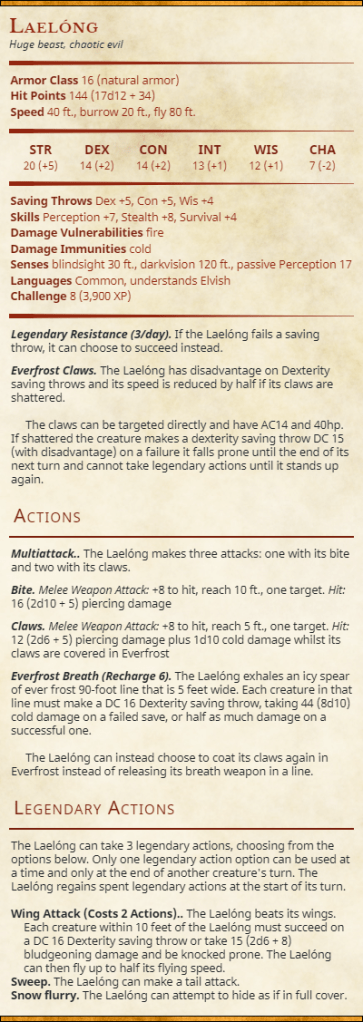 Laelóng - Multi staged Encounter stat block for D&D 5e